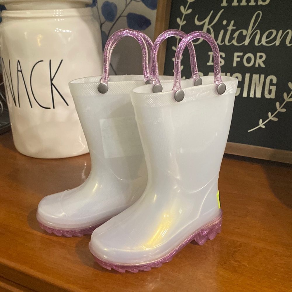 Western Chief White Toddler Rain Boots with Pink Glitter Handles and Soles